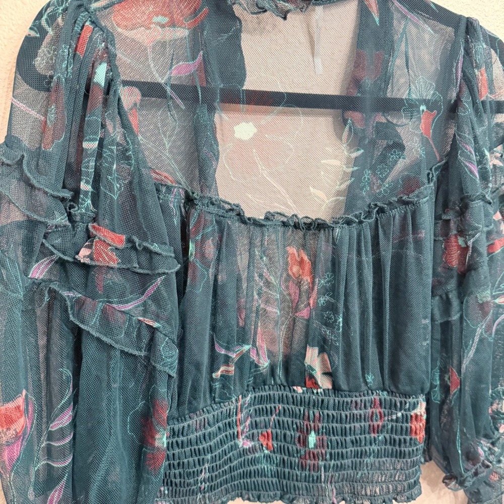 Free People Time For Shine Floral Mesh Whimsigoth Fairy Grunge Teal Green Large - Picture 4 of 11